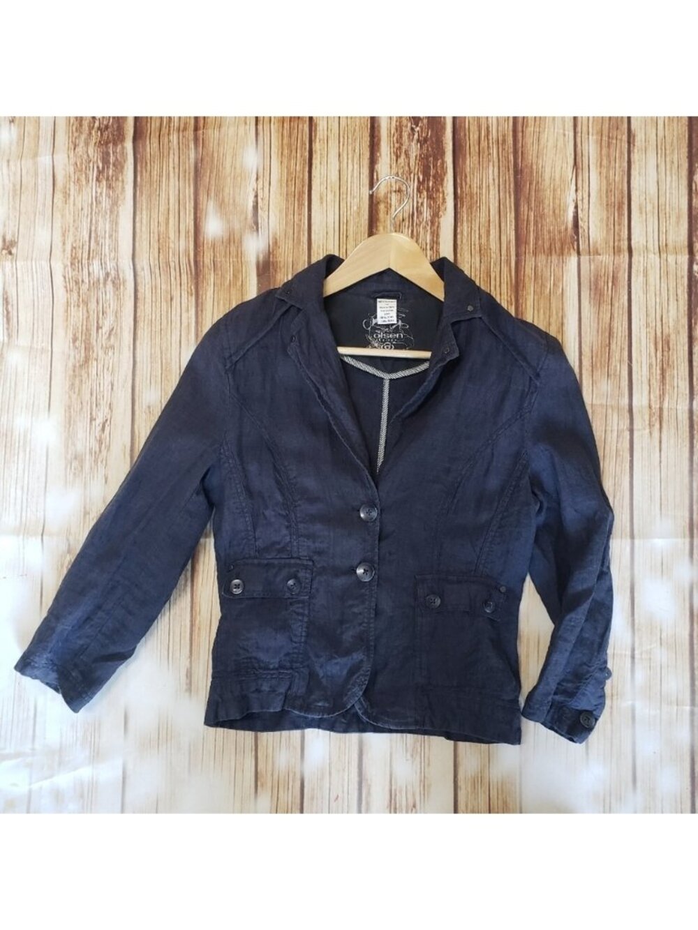 Olsen 100% Linen Navy Blue Summer Blazer Cropped Travel Cruise Resort Mi…